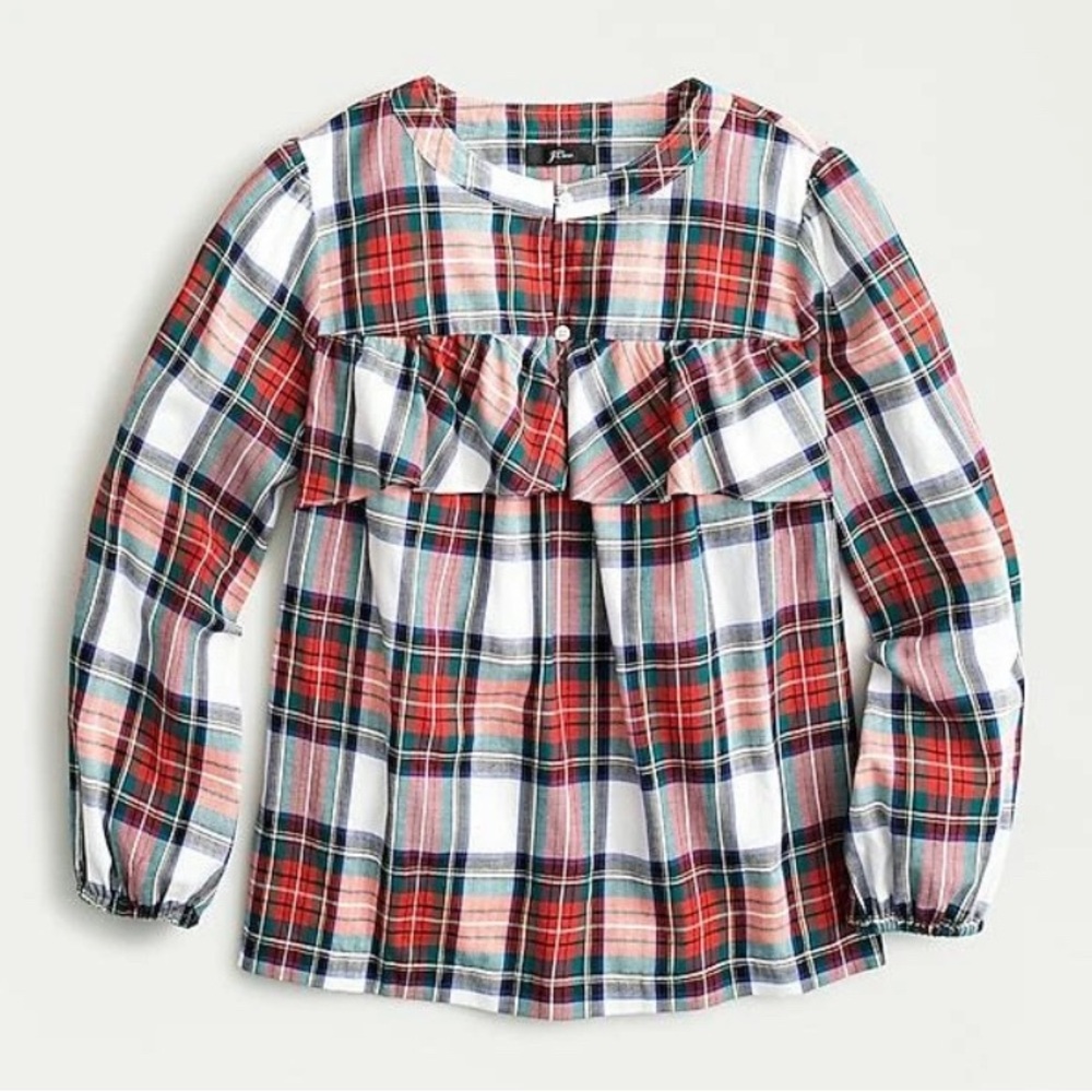J Crew Ruffle Top in Snowy Stewart Tartan NEW!